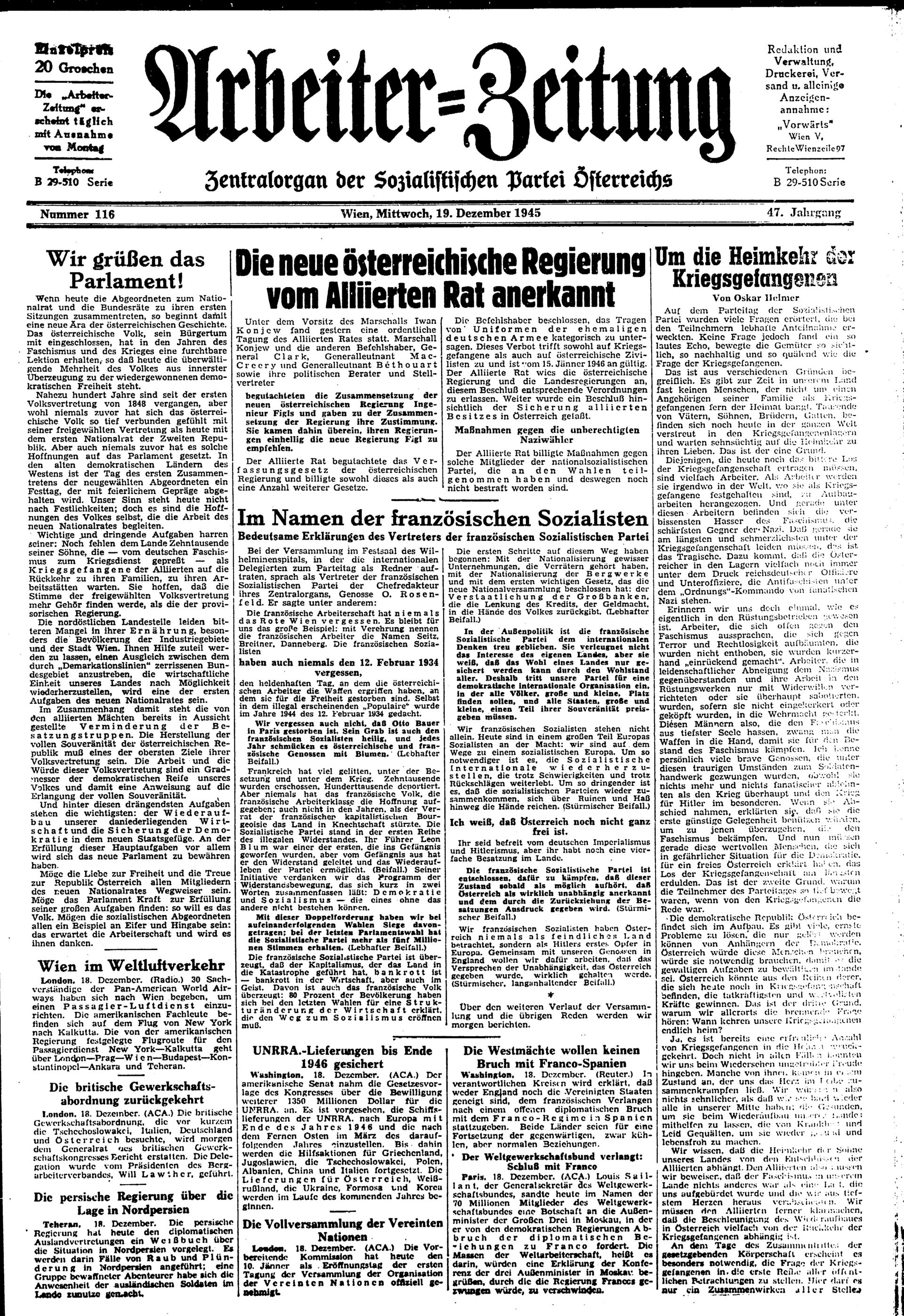 Ausgabe Mi. 19.12.1945, Seite 1