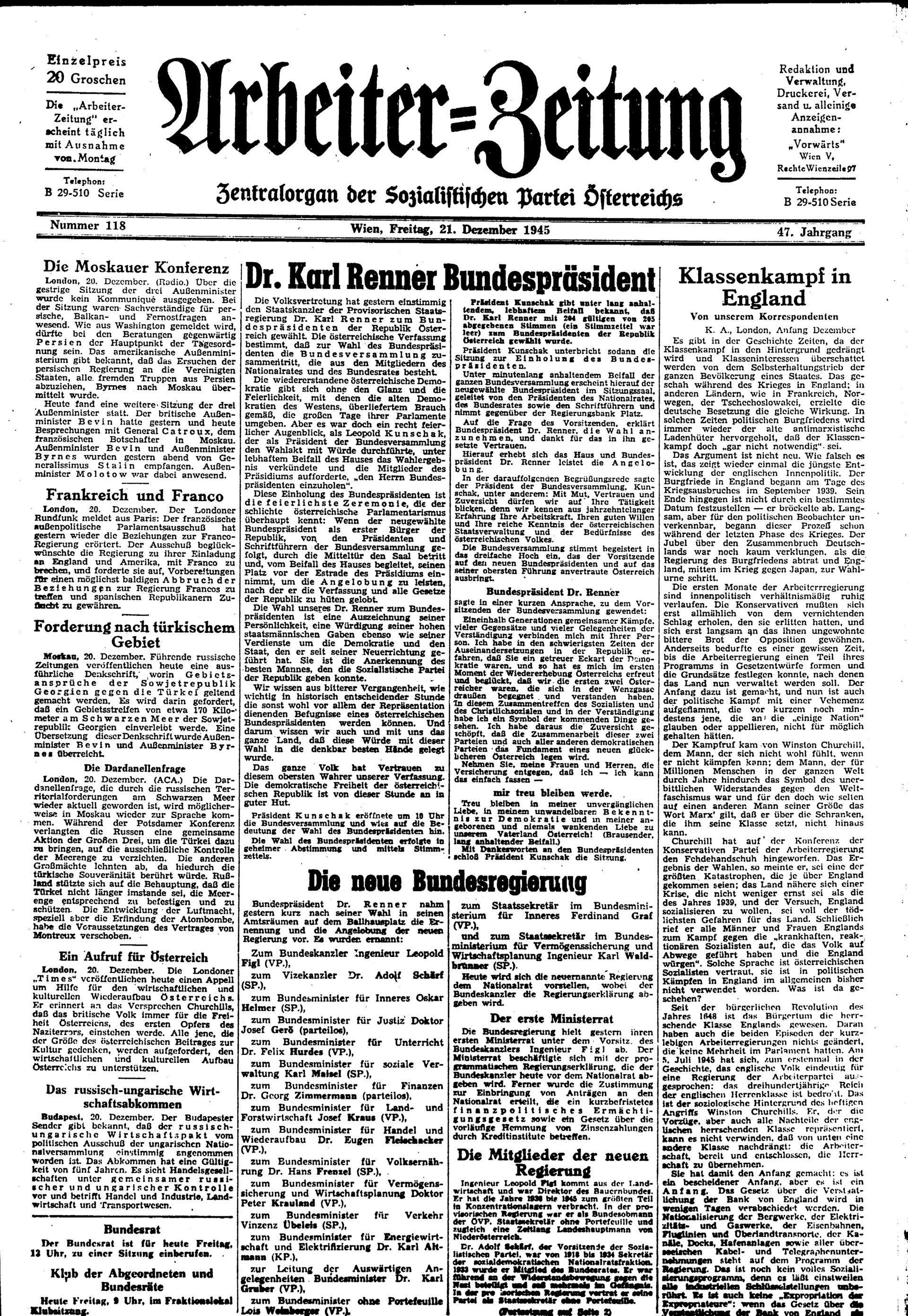 Ausgabe Fr. 21.12.1945, Seite 1