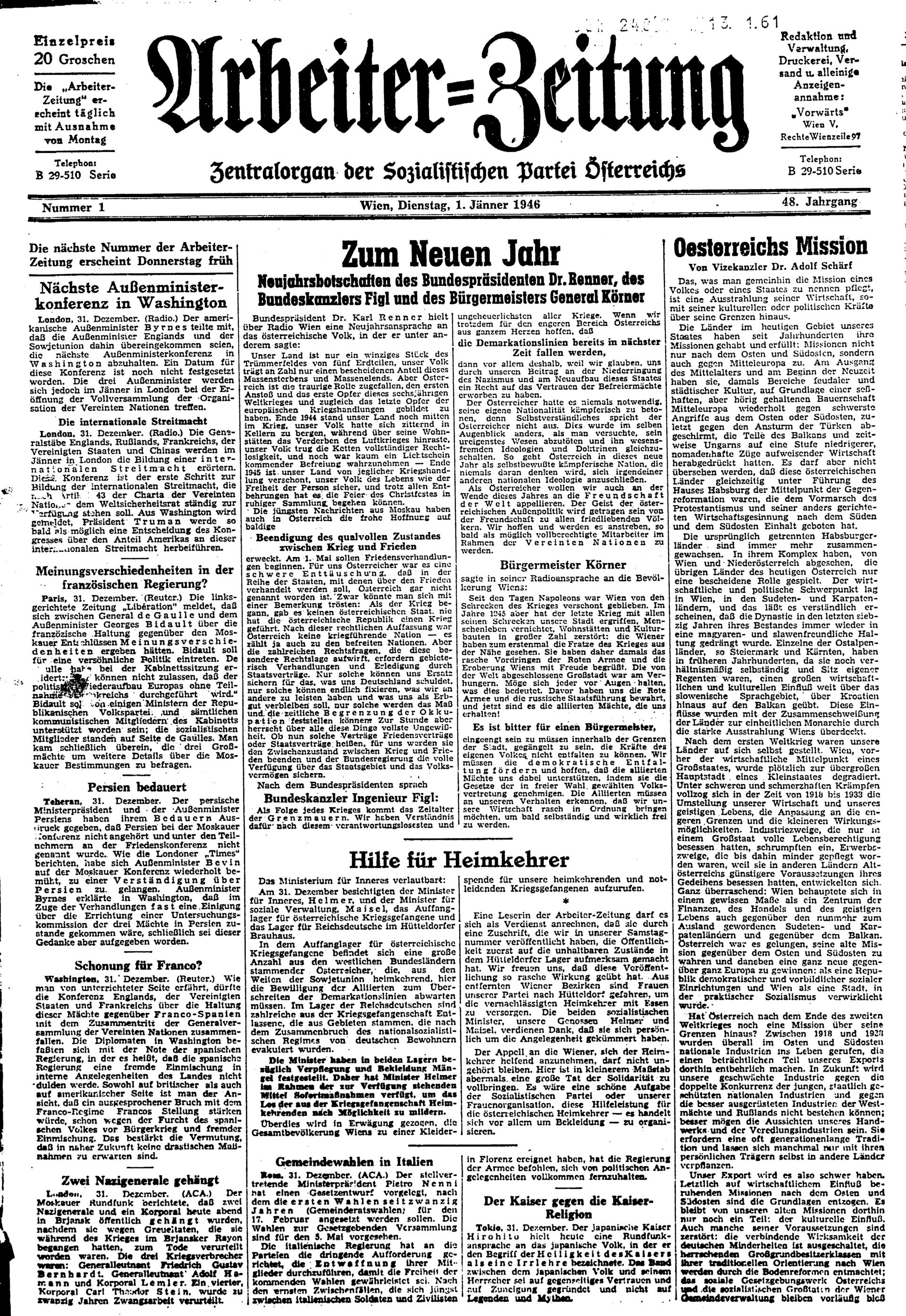 Ausgabe Di. 01.01.1946, Seite 1