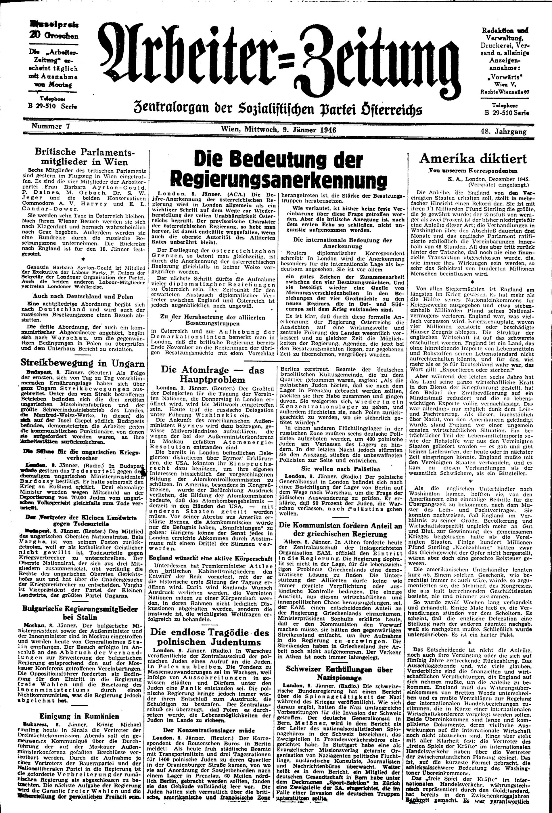 Ausgabe Mi. 09.01.1946, Seite 1