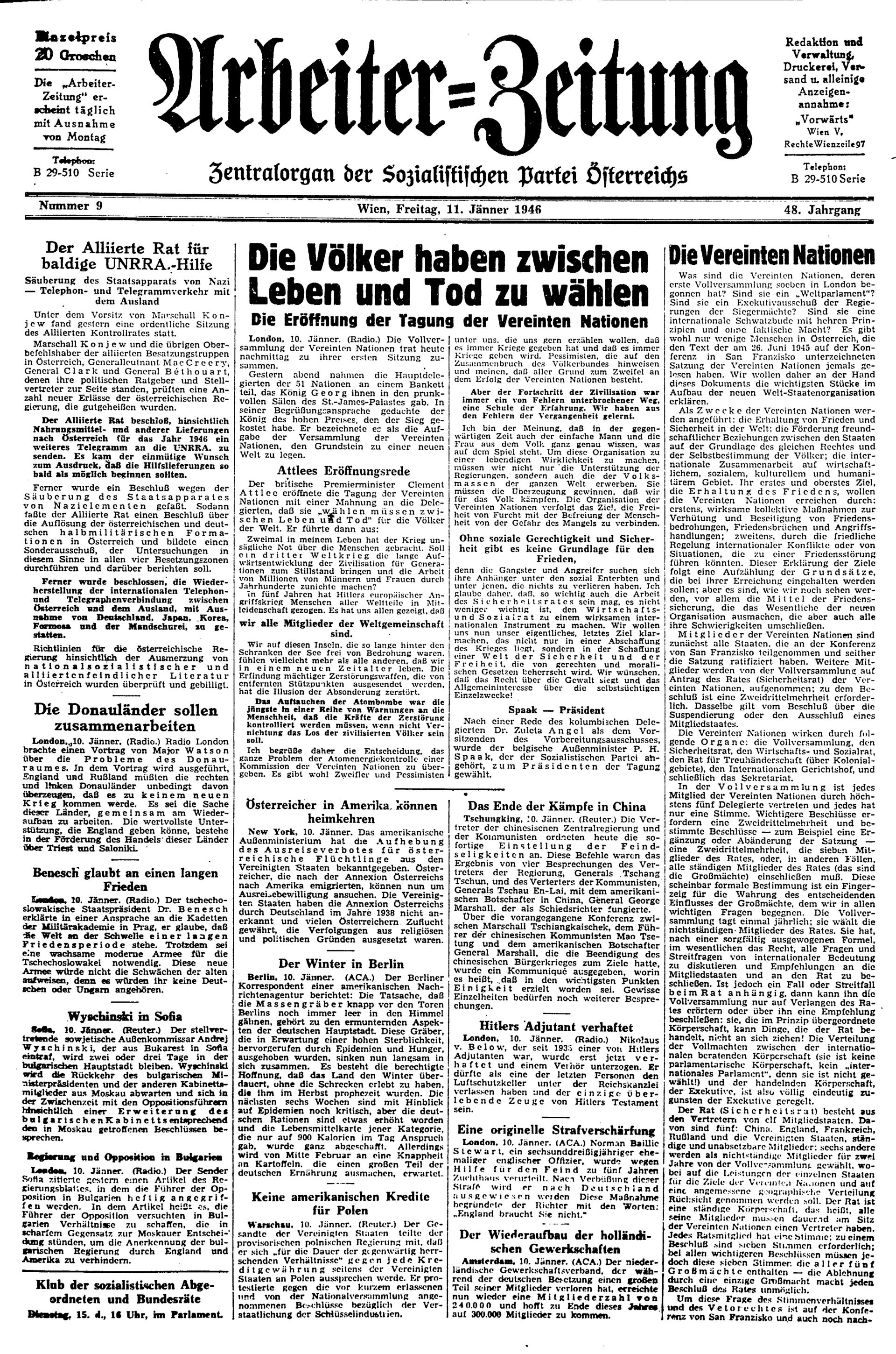 Ausgabe Fr. 11.01.1946, Seite 1