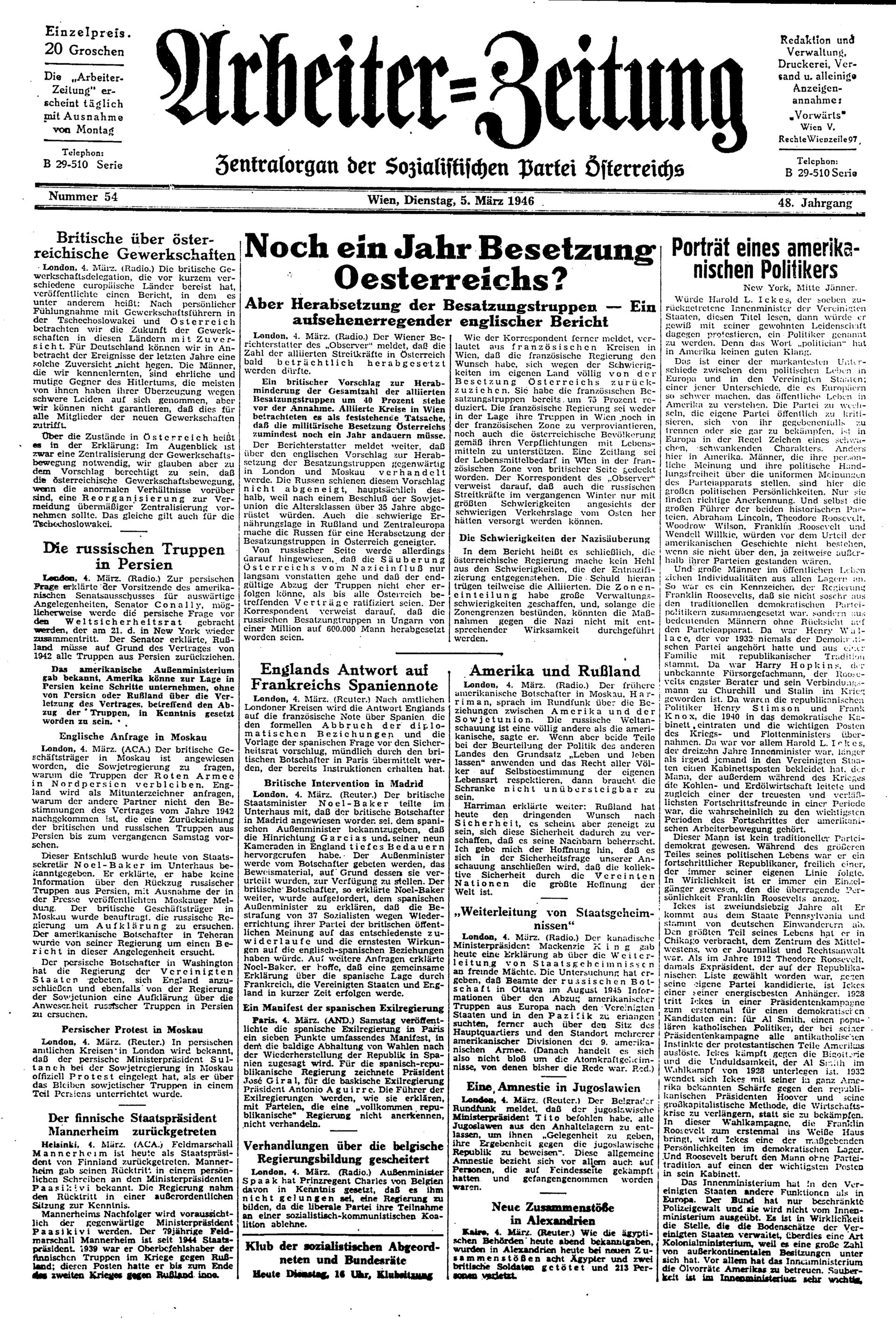 Ausgabe Di. 05.03.1946, Seite 1