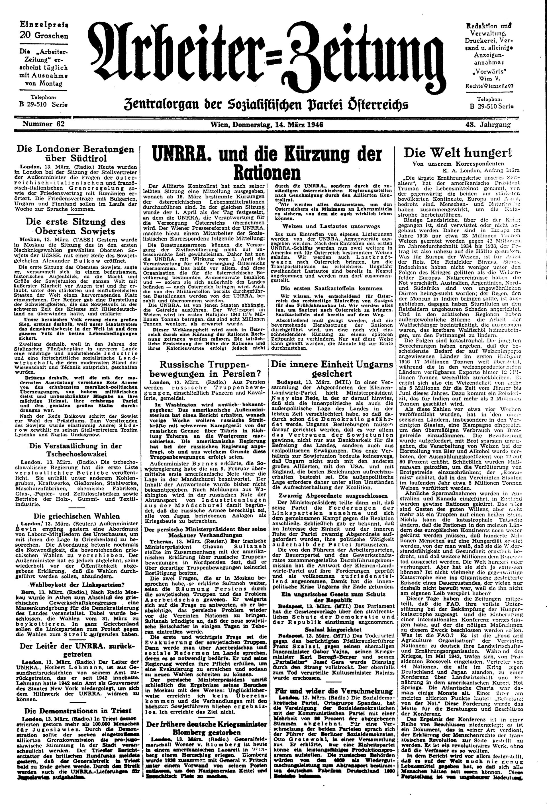 Ausgabe Do. 14.03.1946, Seite 1