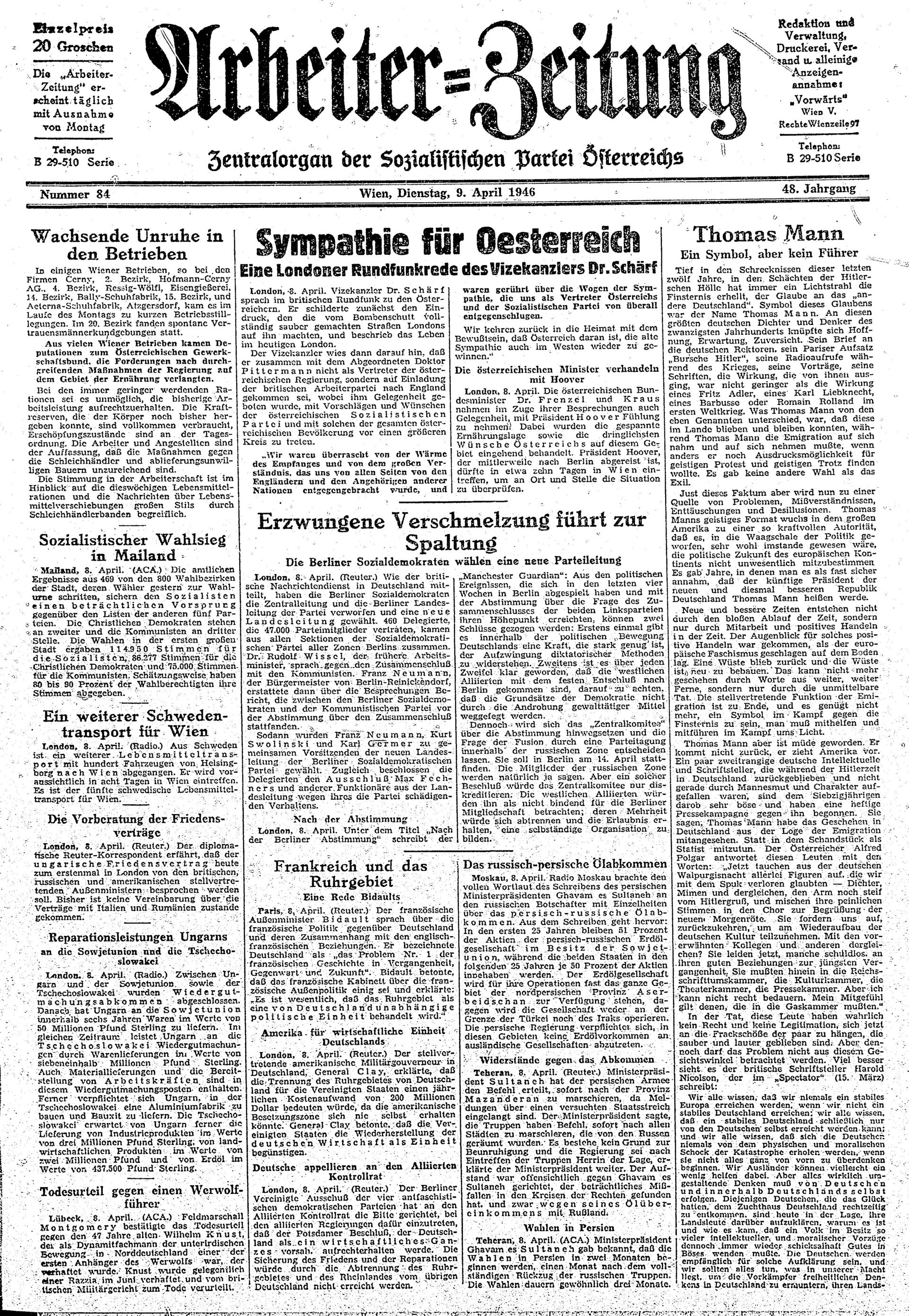 Ausgabe Di. 09.04.1946, Seite 1
