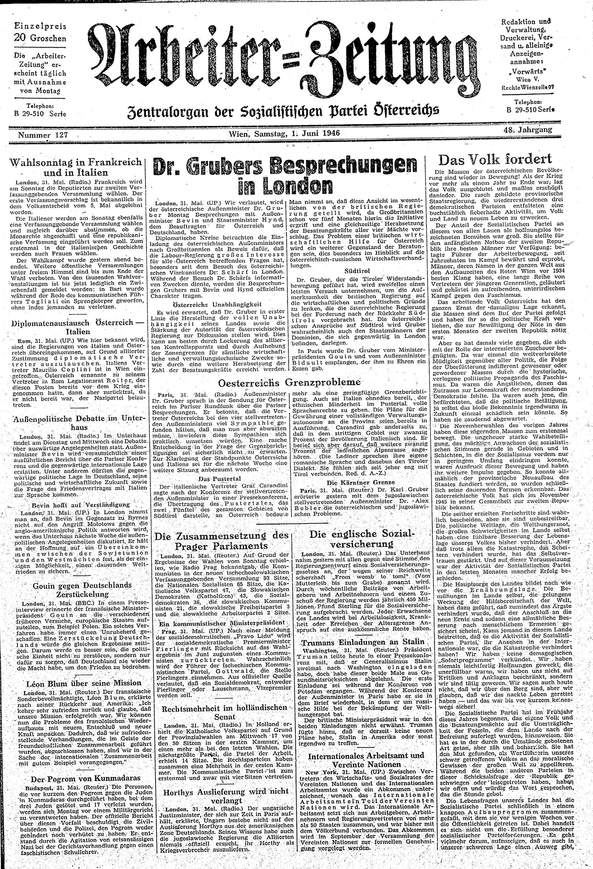 Ausgabe Sa. 01.06.1946, Seite 1