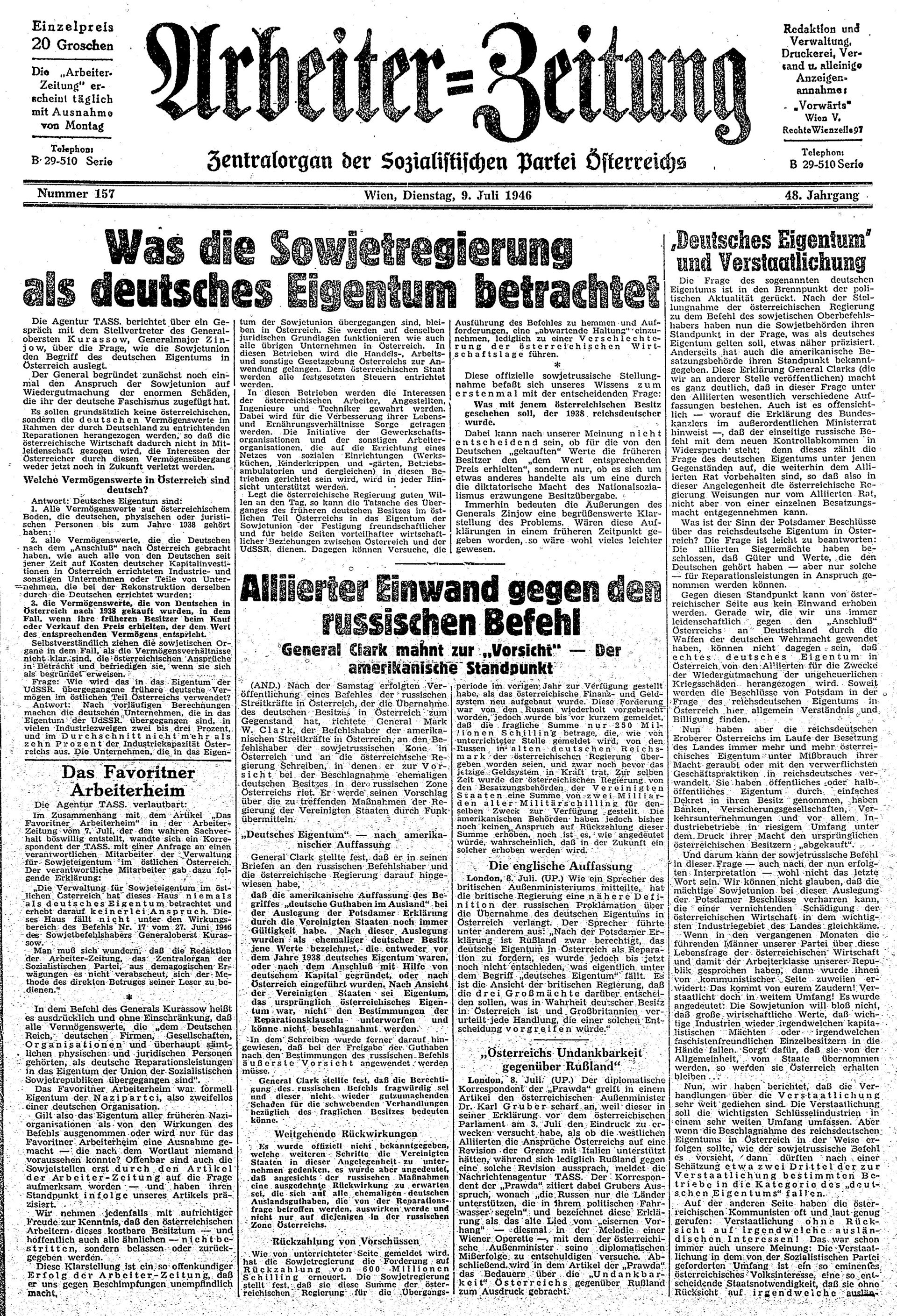Ausgabe Di. 09.07.1946, Seite 1