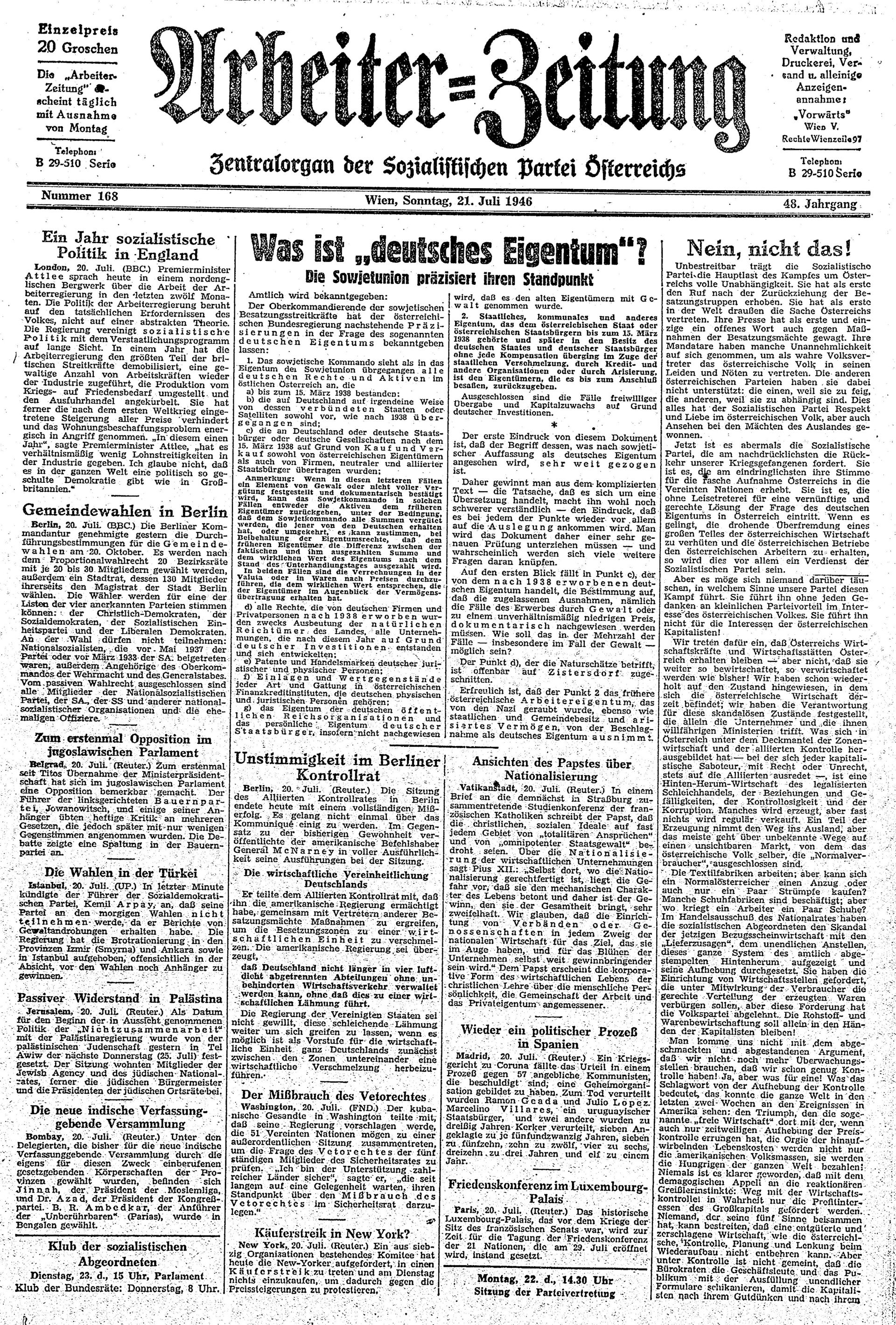 Ausgabe So. 21.07.1946, Seite 1