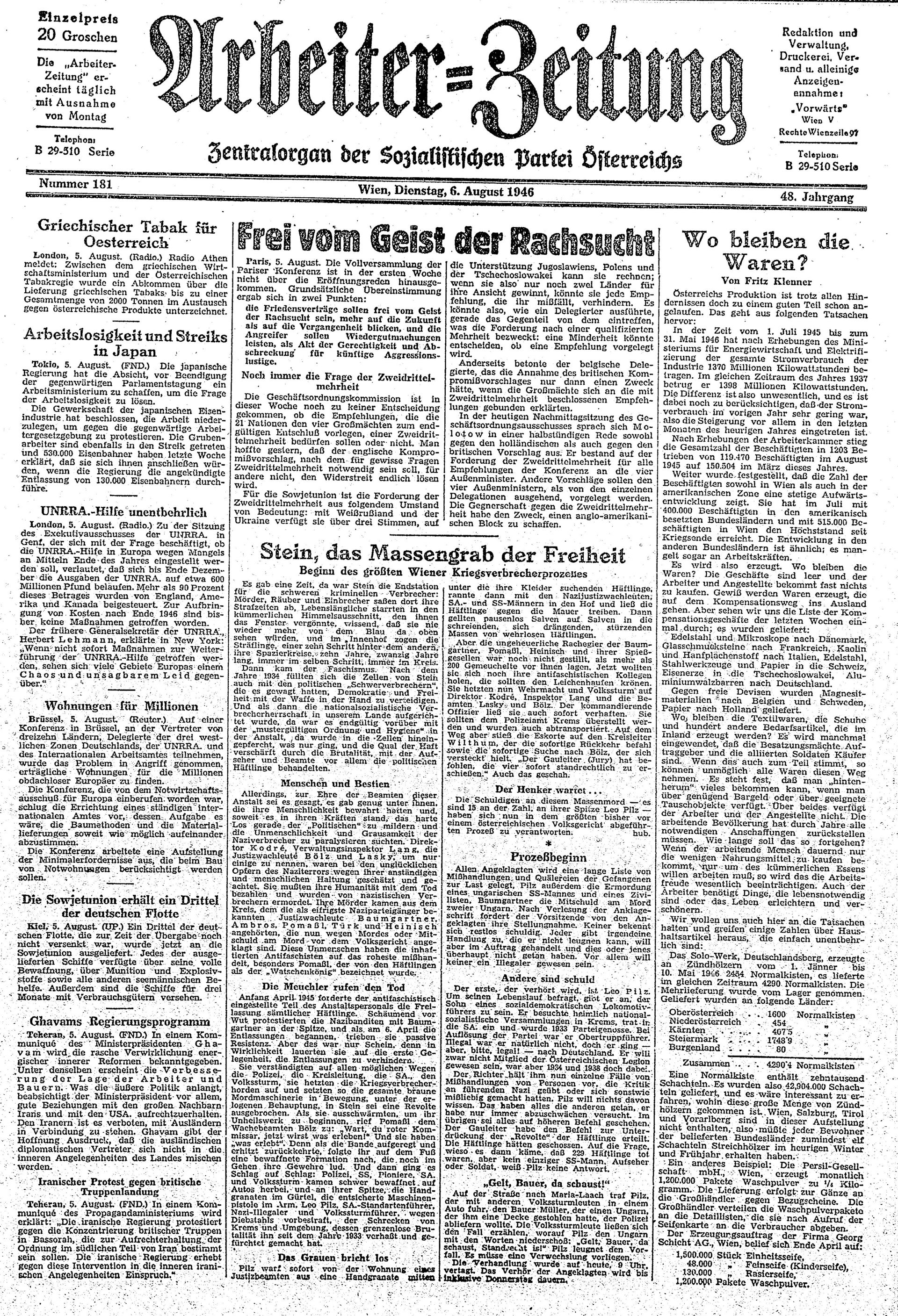 Ausgabe Di. 06.08.1946, Seite 1