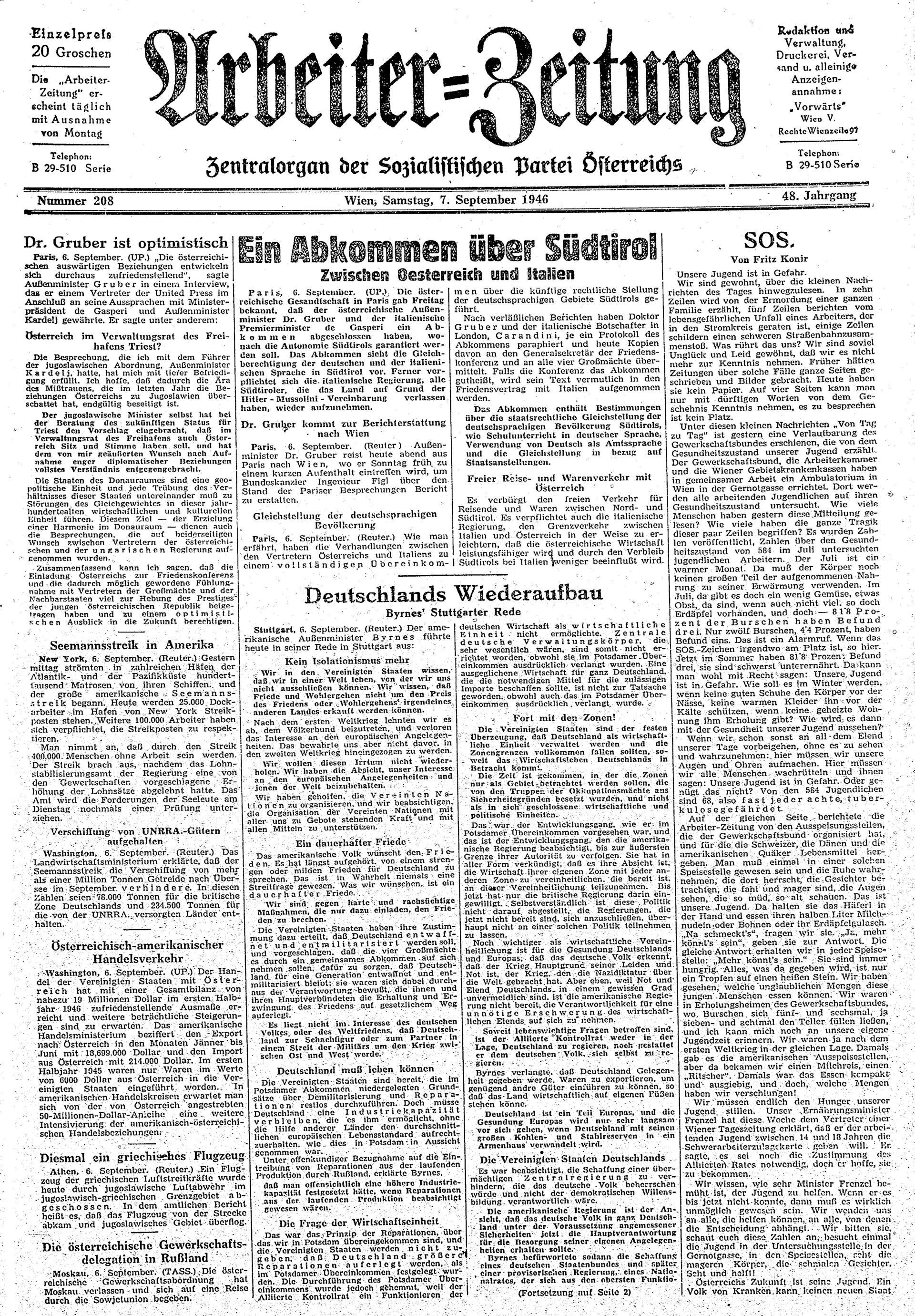 Ausgabe Sa. 07.09.1946, Seite 1