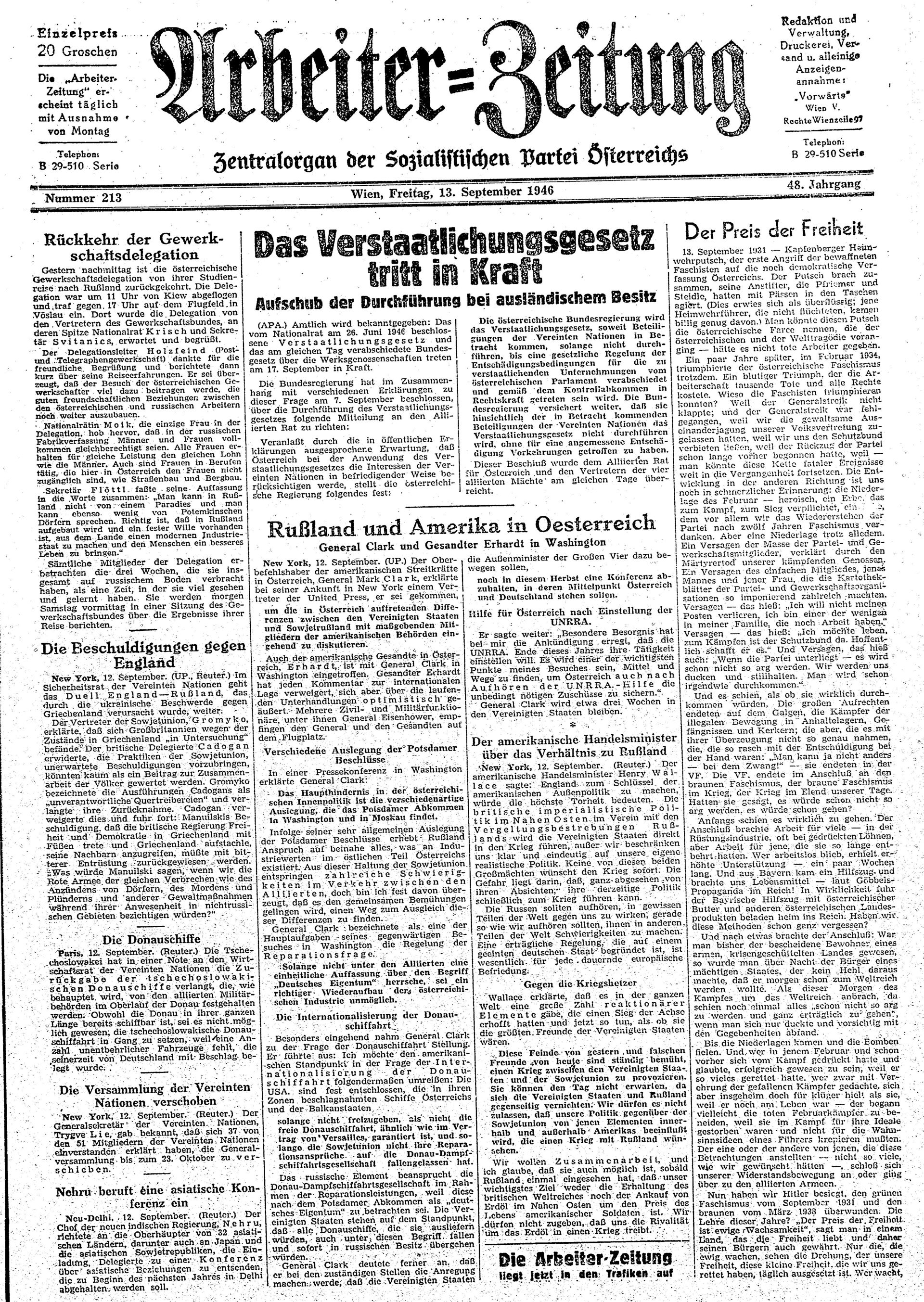 Ausgabe Fr. 13.09.1946, Seite 1