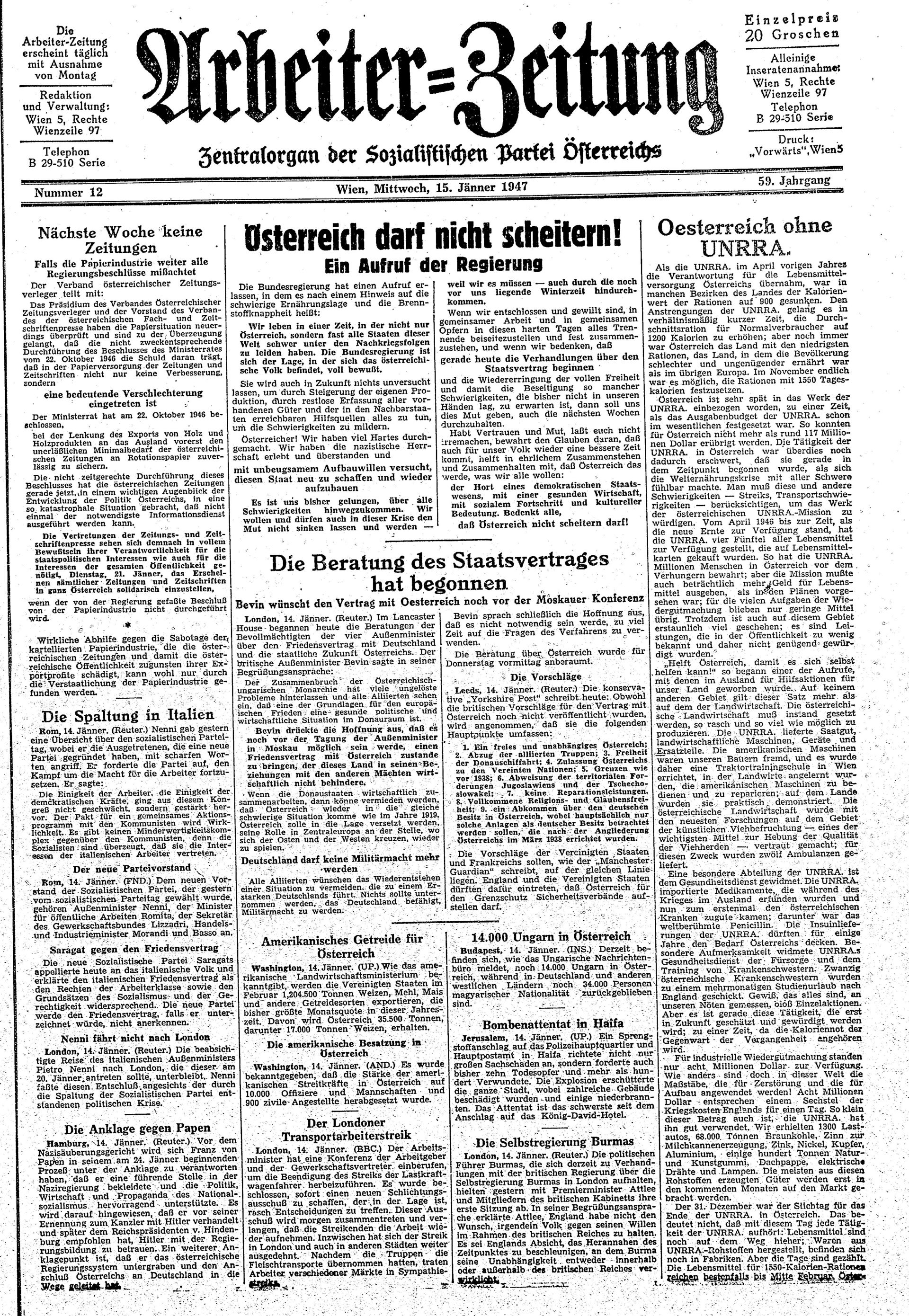 Ausgabe Mi. 15.01.1947, Seite 1
