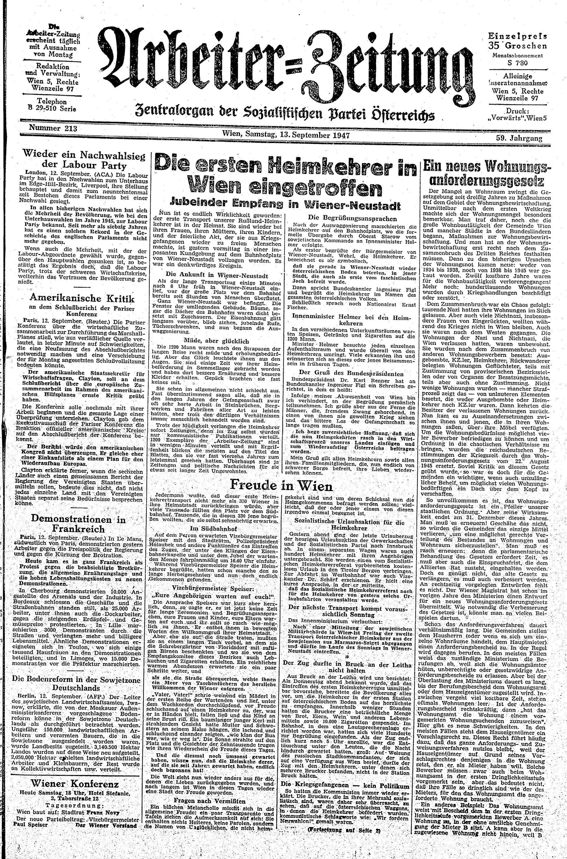 Ausgabe Sa. 13.09.1947, Seite 1