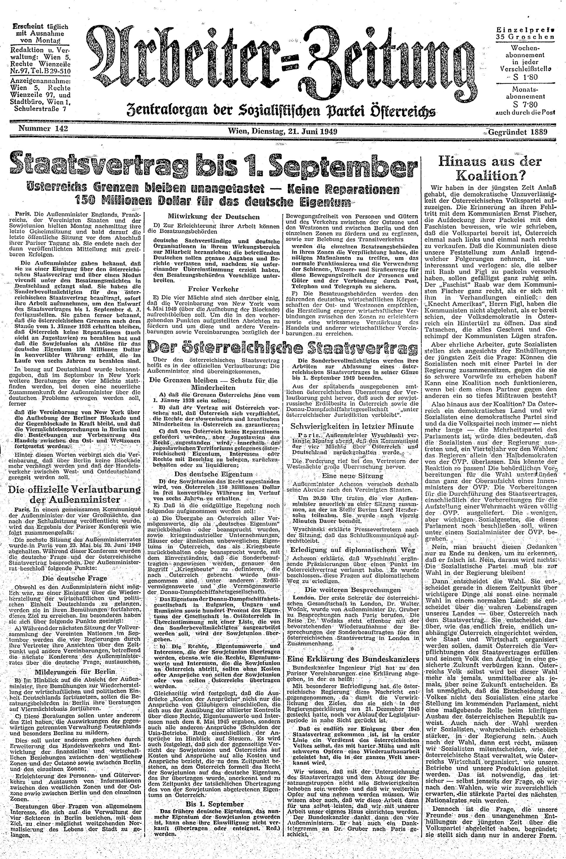 Ausgabe Di. 21.06.1949, Seite 1