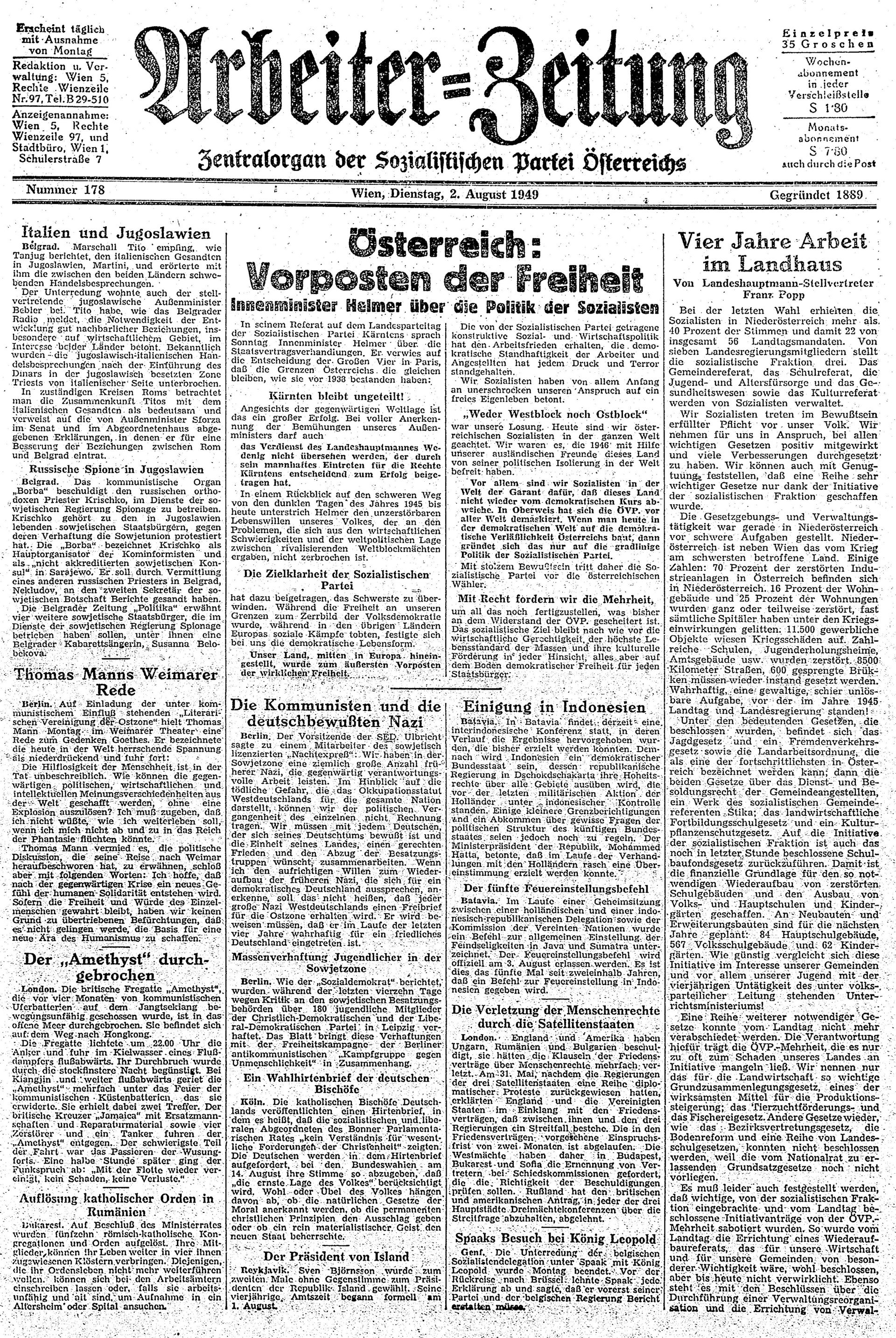 Ausgabe Di. 02.08.1949, Seite 1