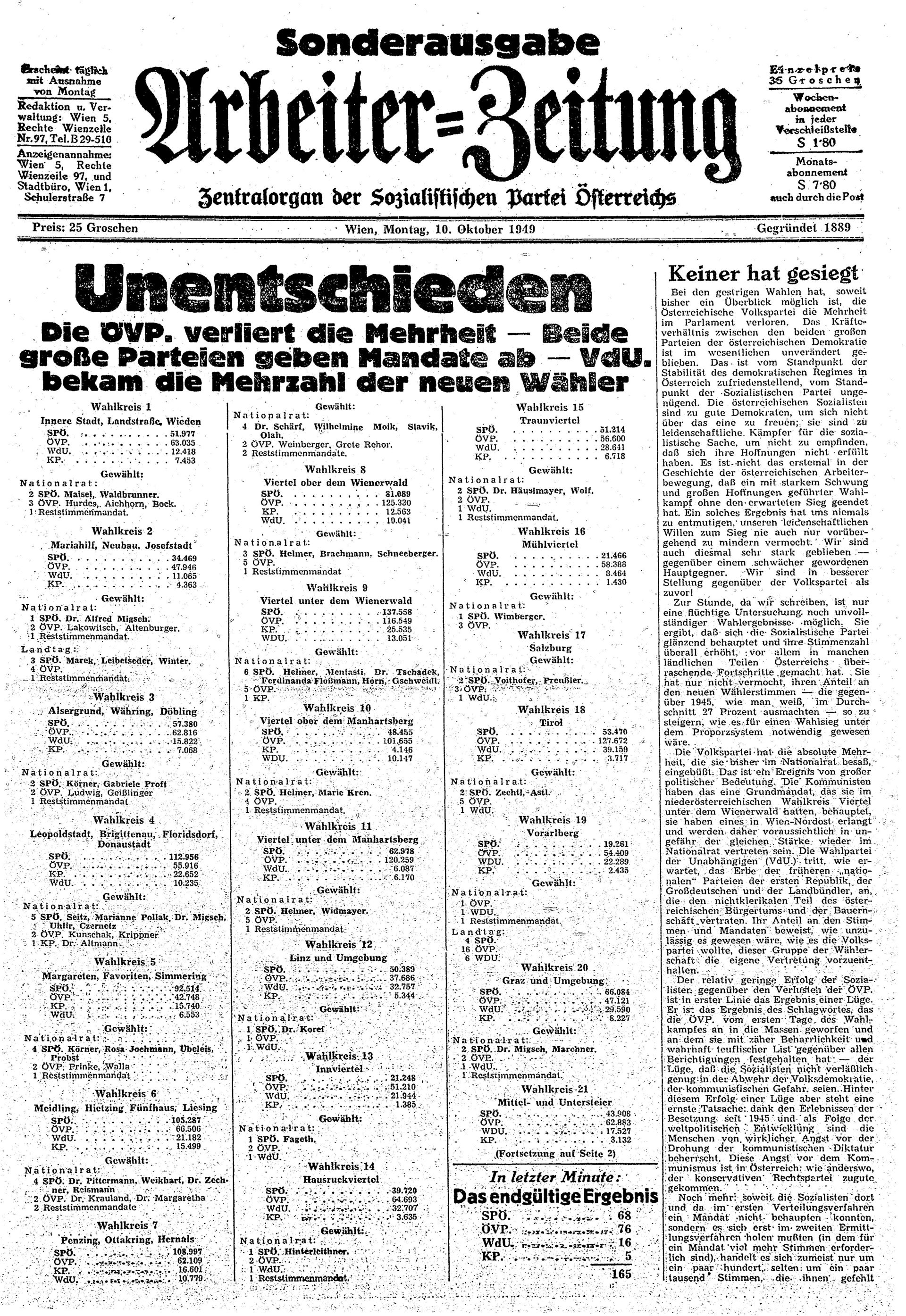 Ausgabe Mo. 10.10.1949, Seite 1