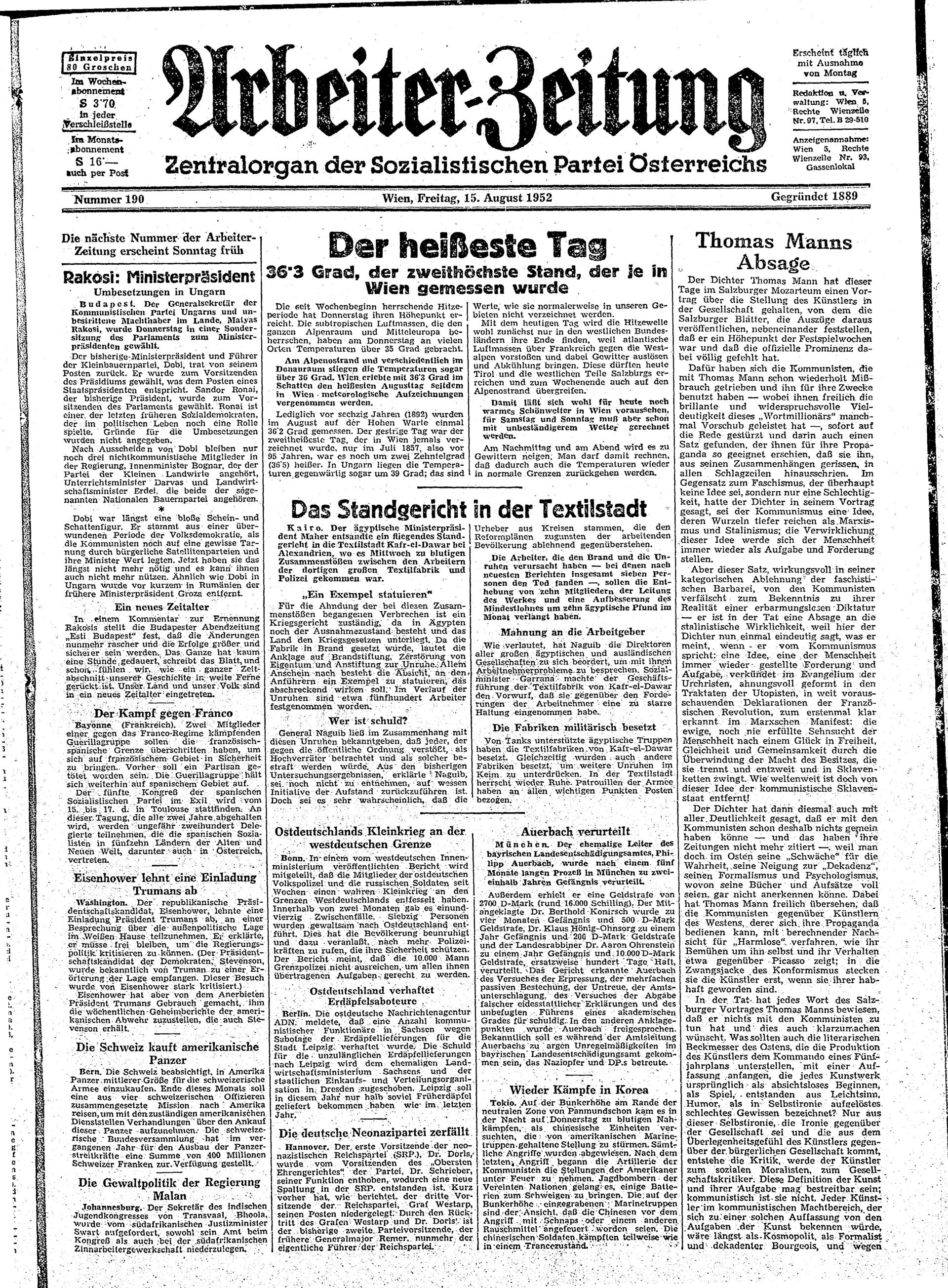 Ausgabe Fr. 15.08.1952, Seite 1