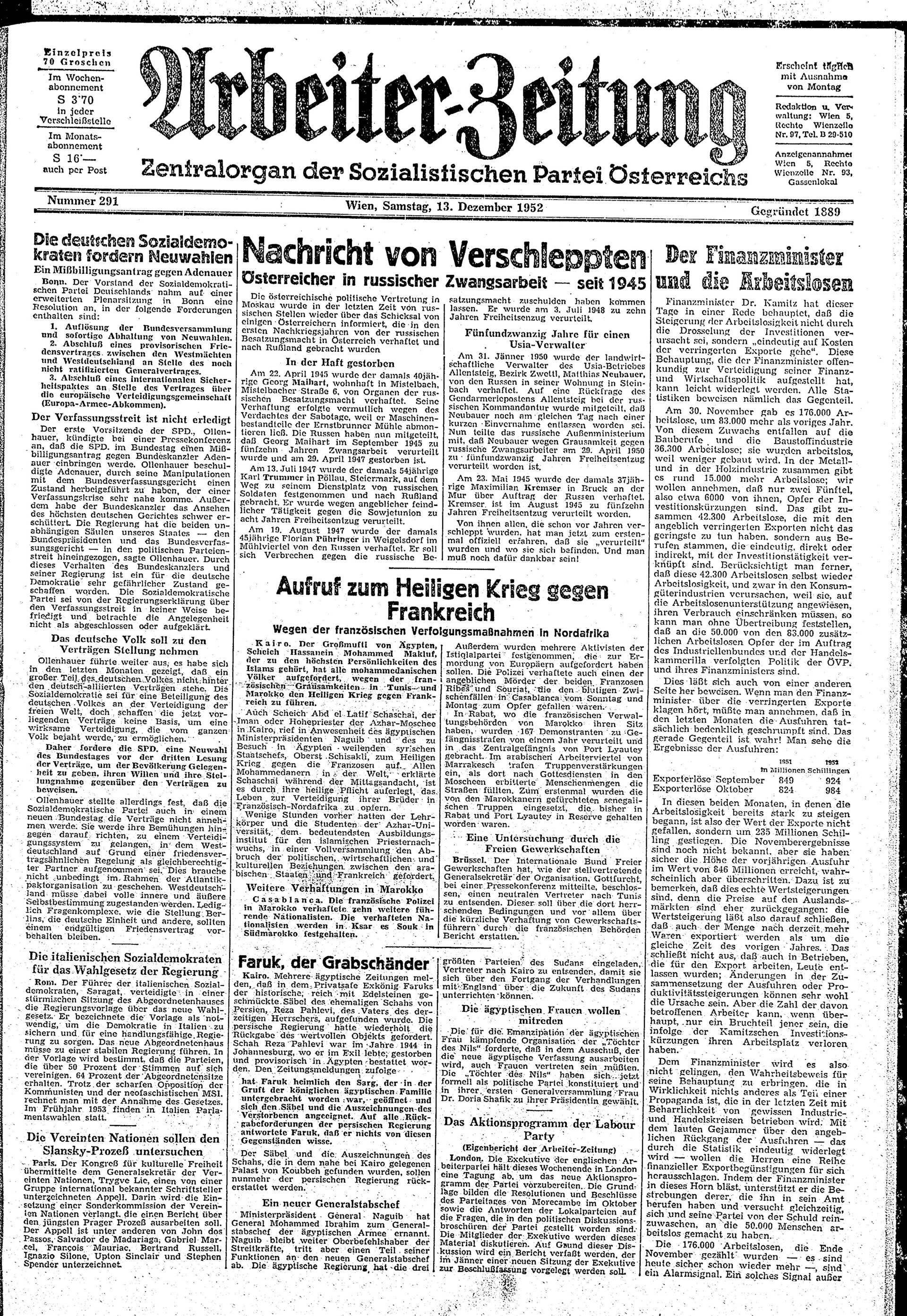 Ausgabe Sa. 13.12.1952, Seite 1
