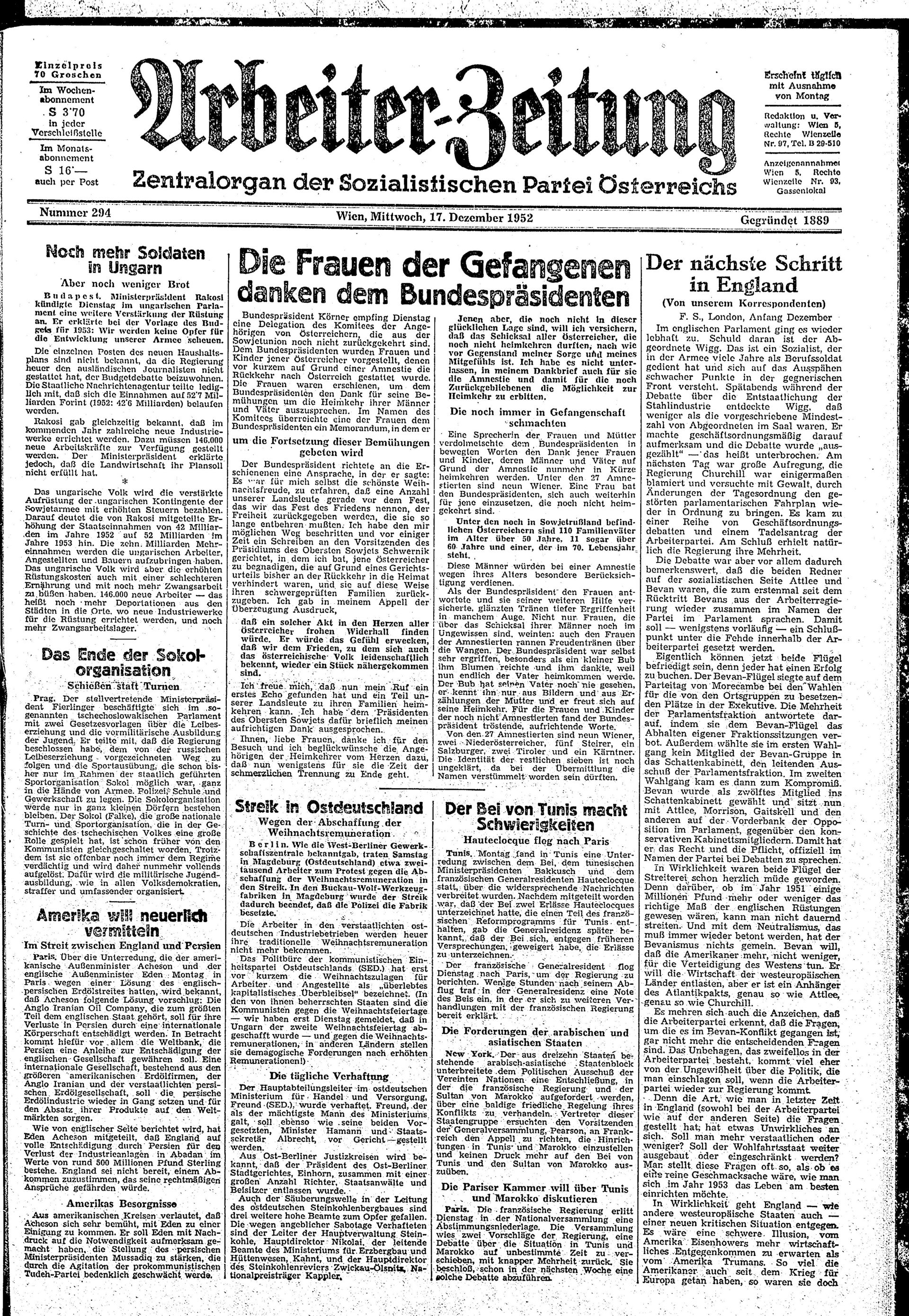 Ausgabe Mi. 17.12.1952, Seite 1