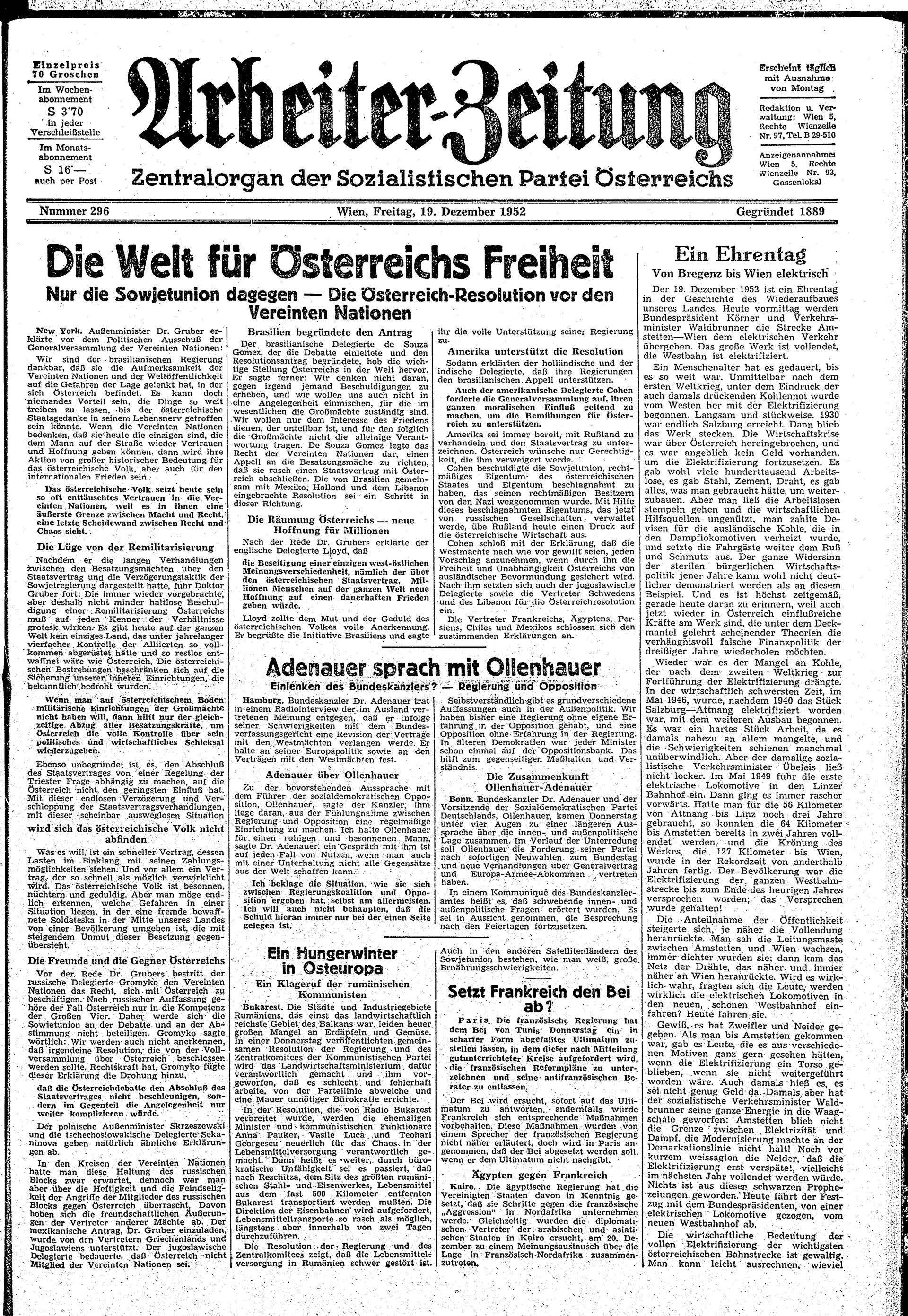 Ausgabe Fr. 19.12.1952, Seite 1