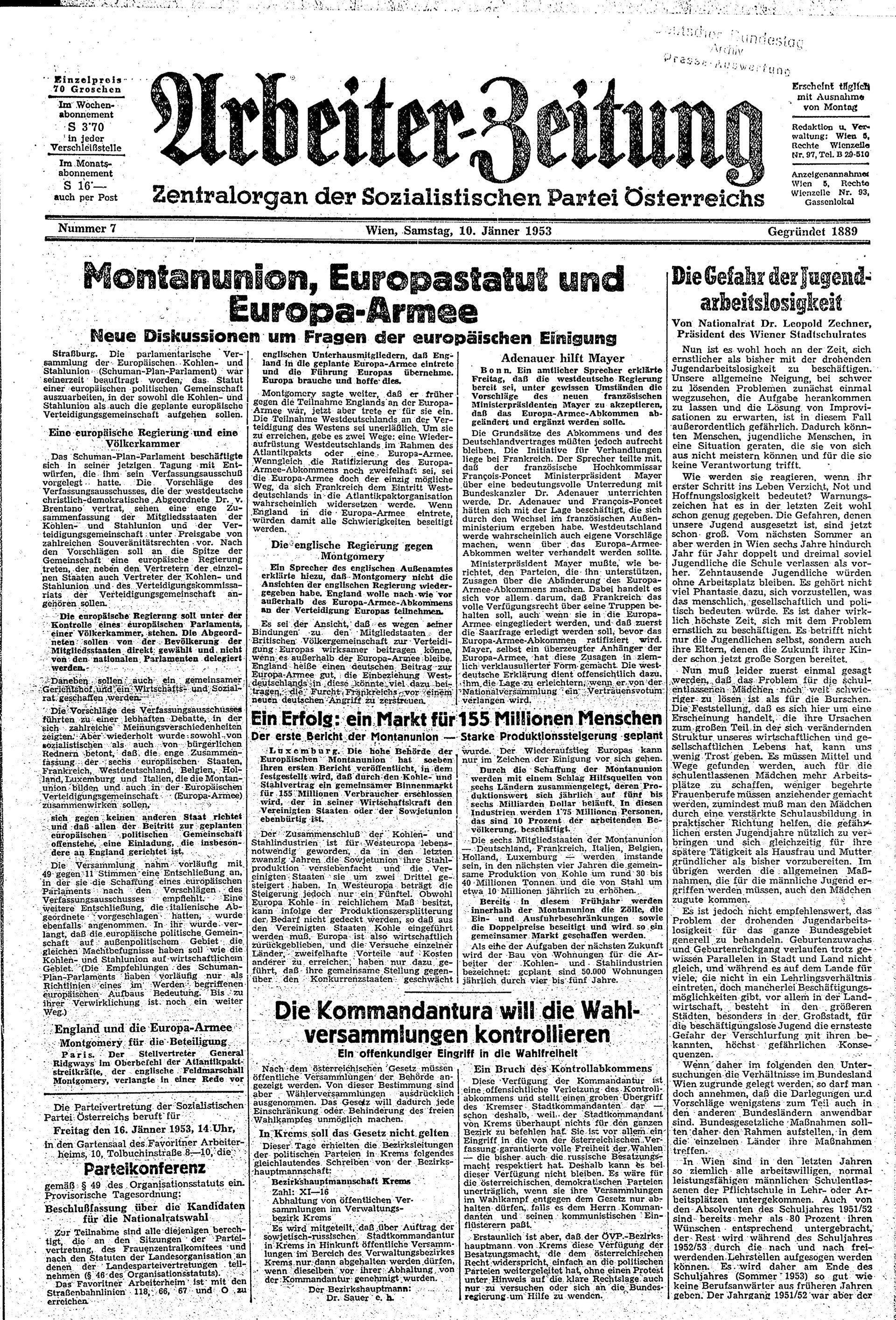 Ausgabe Sa. 10.01.1953, Seite 1