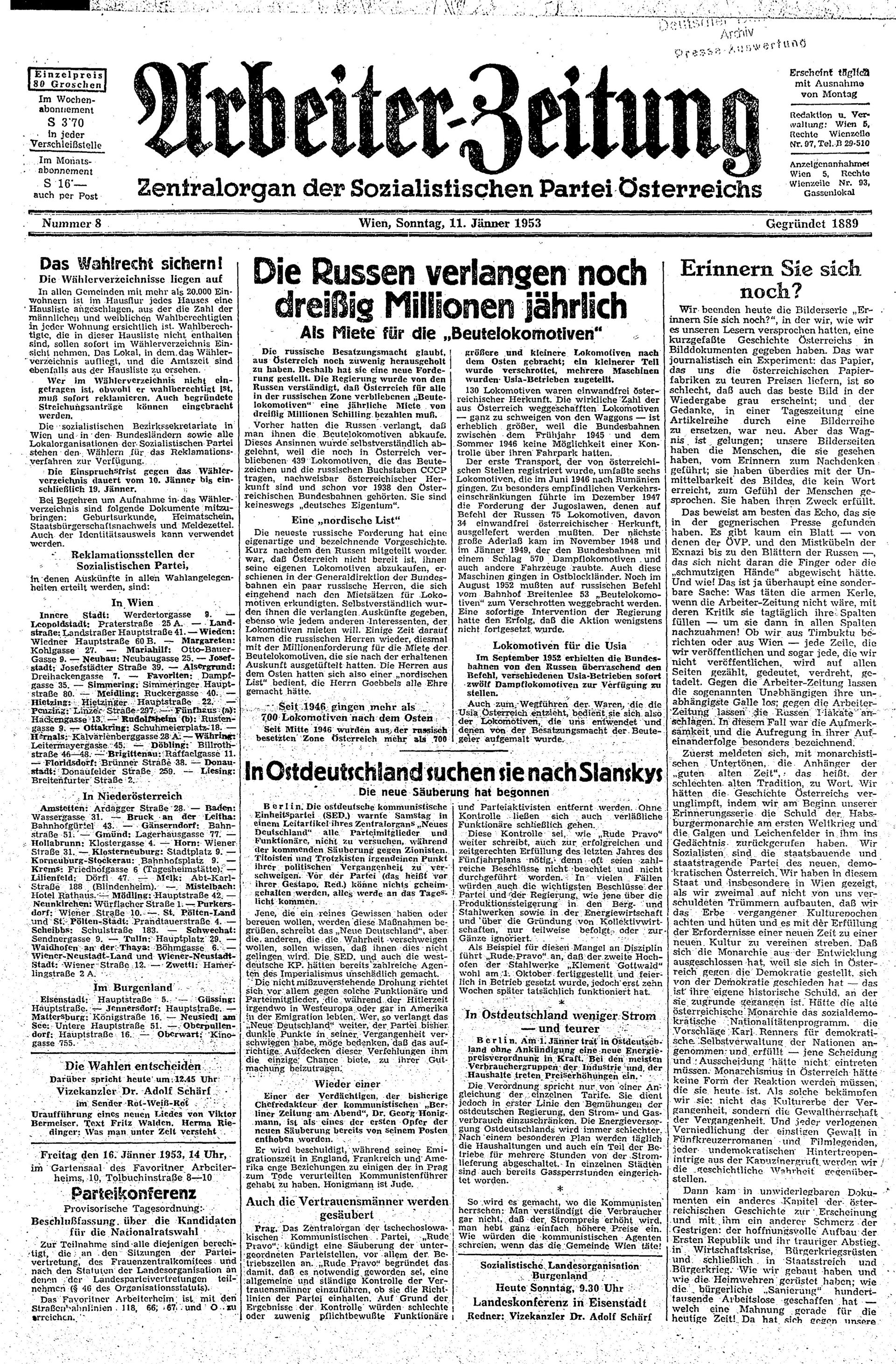 Ausgabe So. 11.01.1953, Seite 1