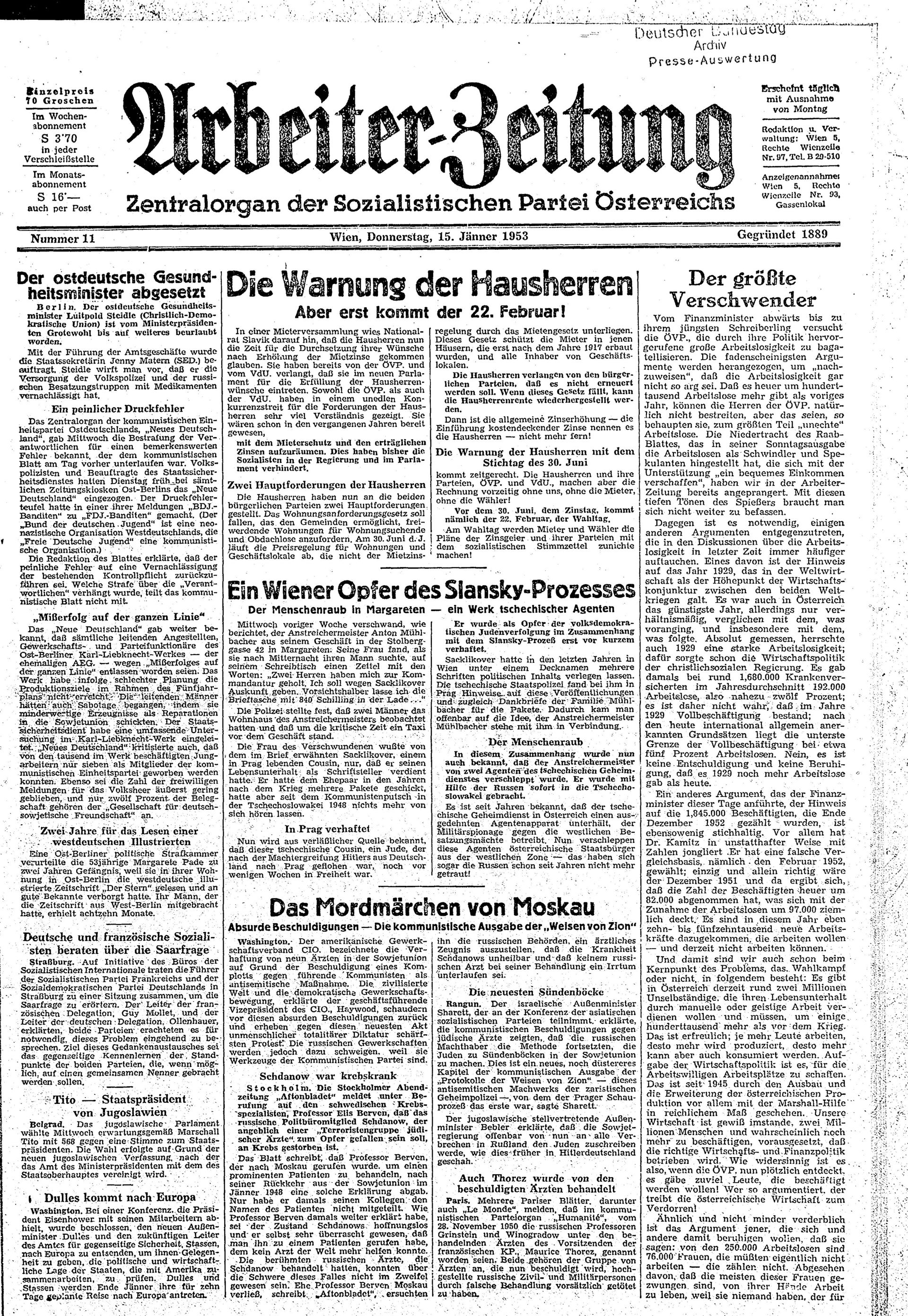 Ausgabe Do. 15.01.1953, Seite 1