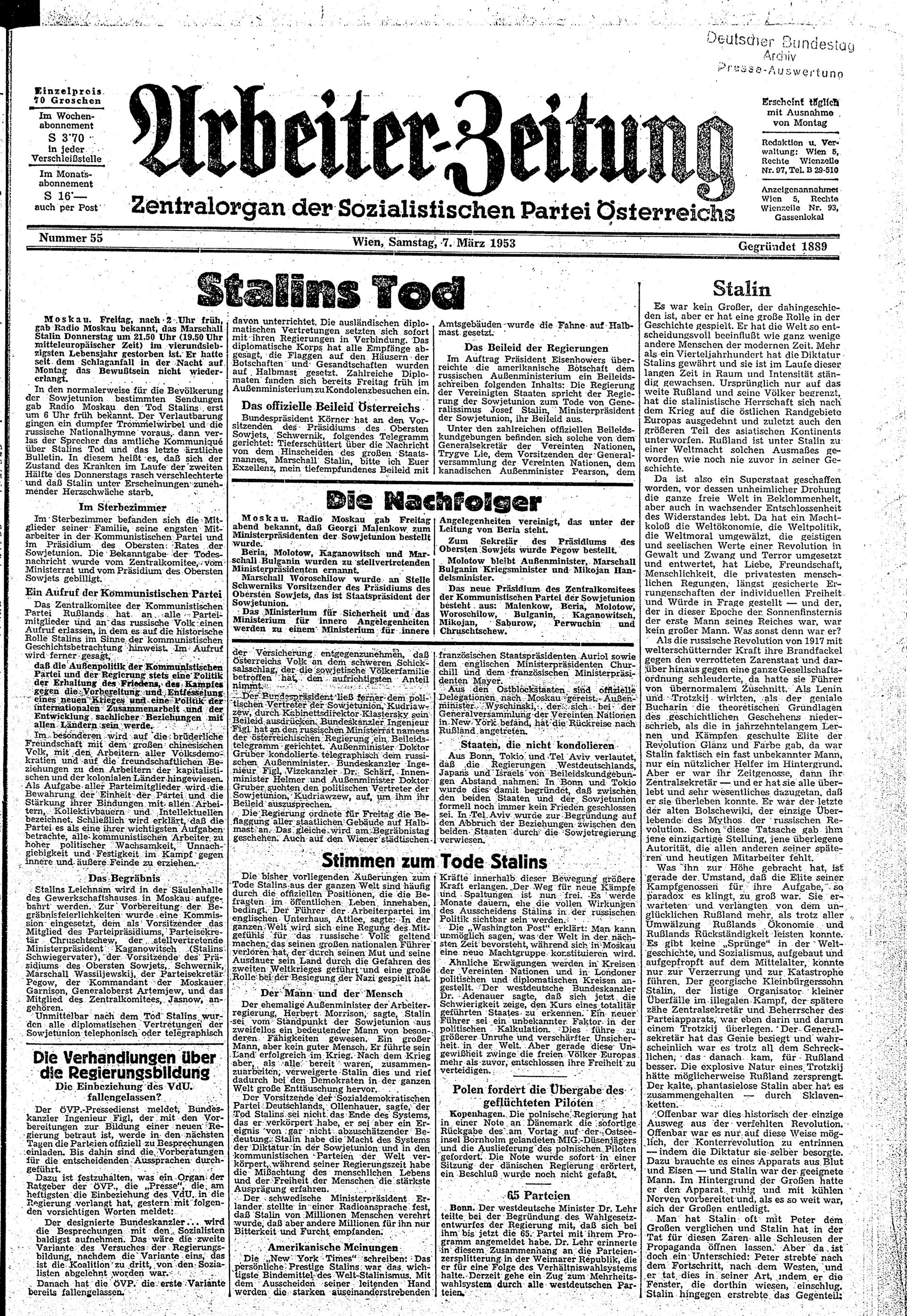 Ausgabe Sa. 07.03.1953, Seite 1