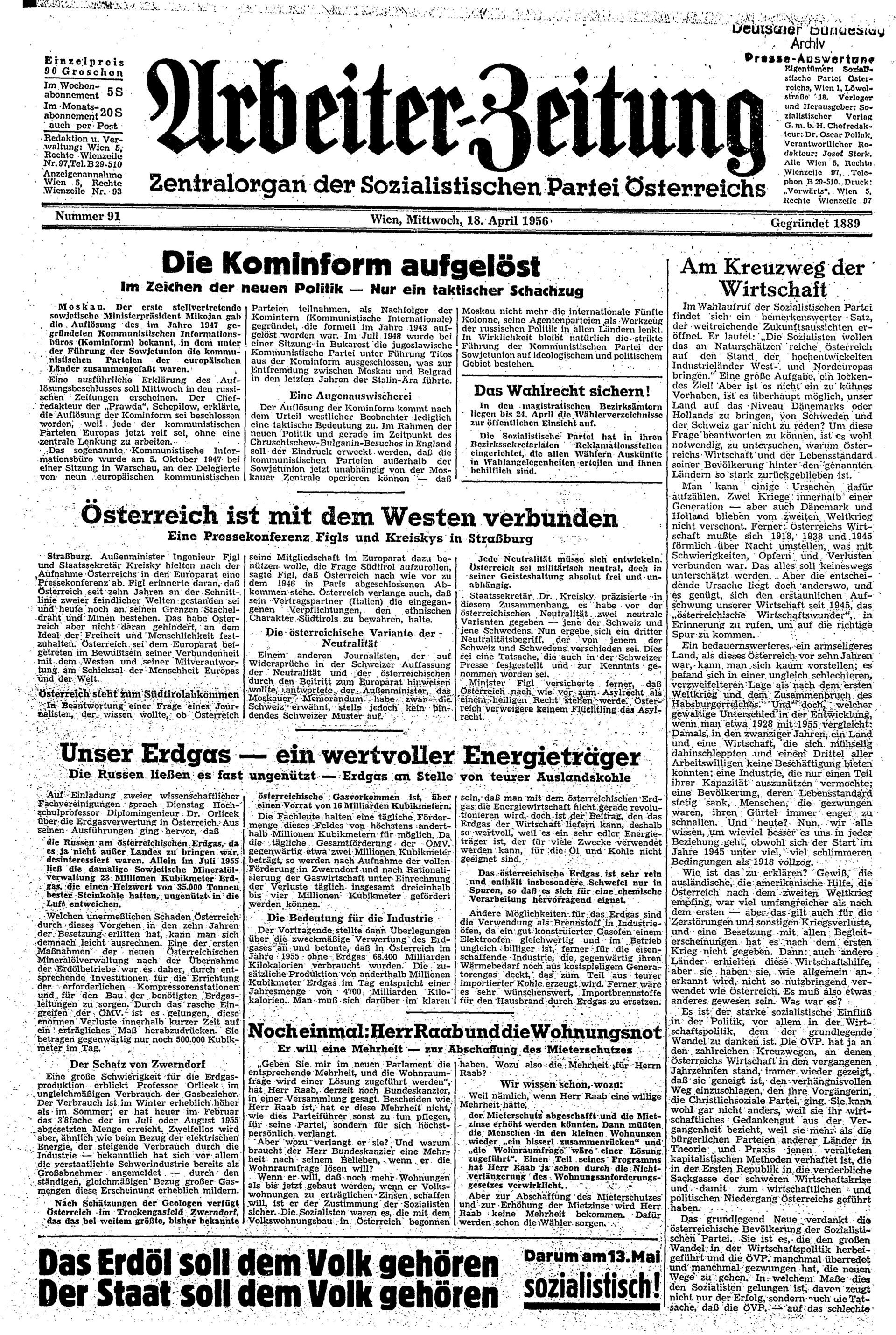 Ausgabe Mi. 18.04.1956, Seite 1