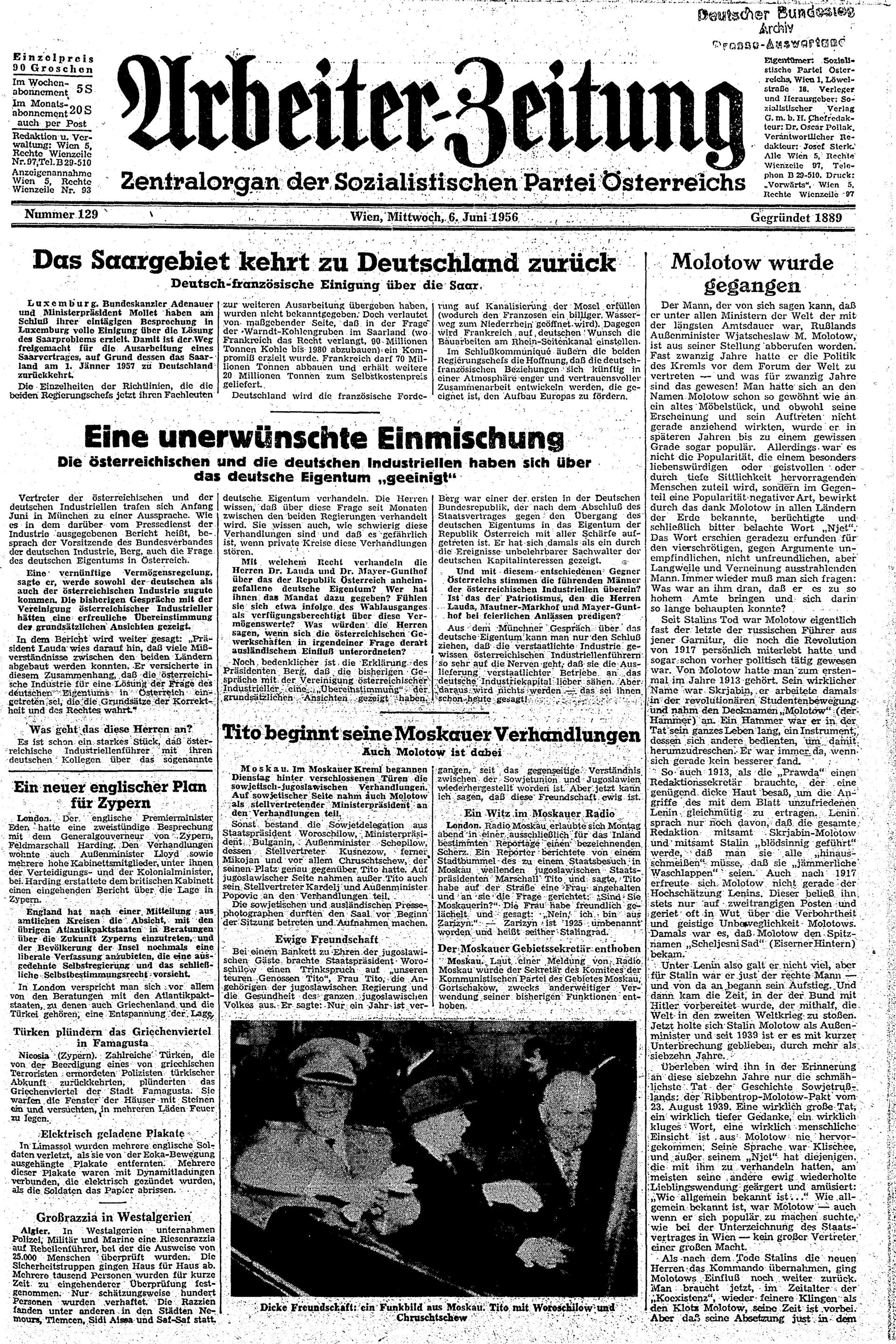 Ausgabe Mi. 06.06.1956, Seite 1