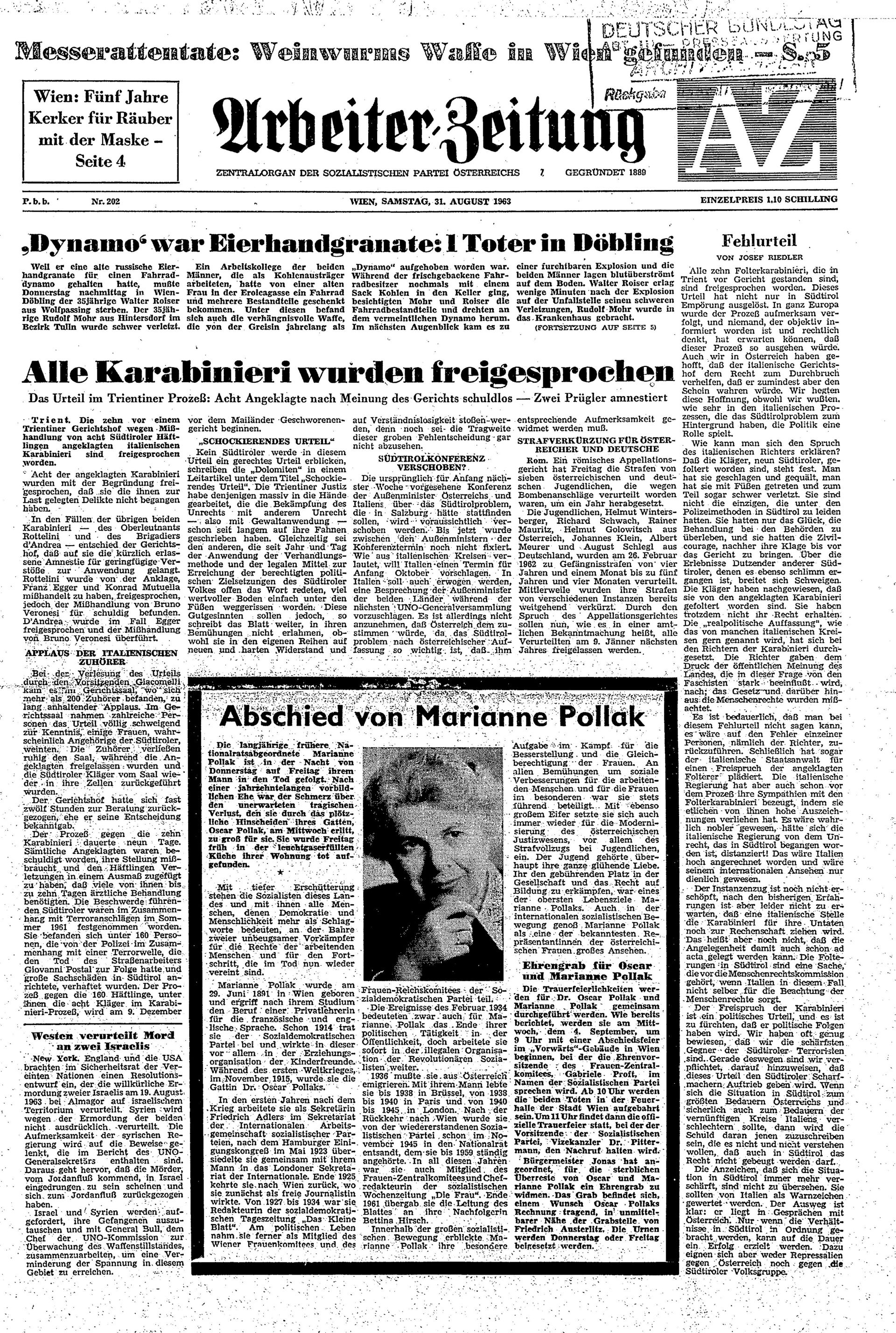 Ausgabe Sa. 31.08.1963, Seite 1
