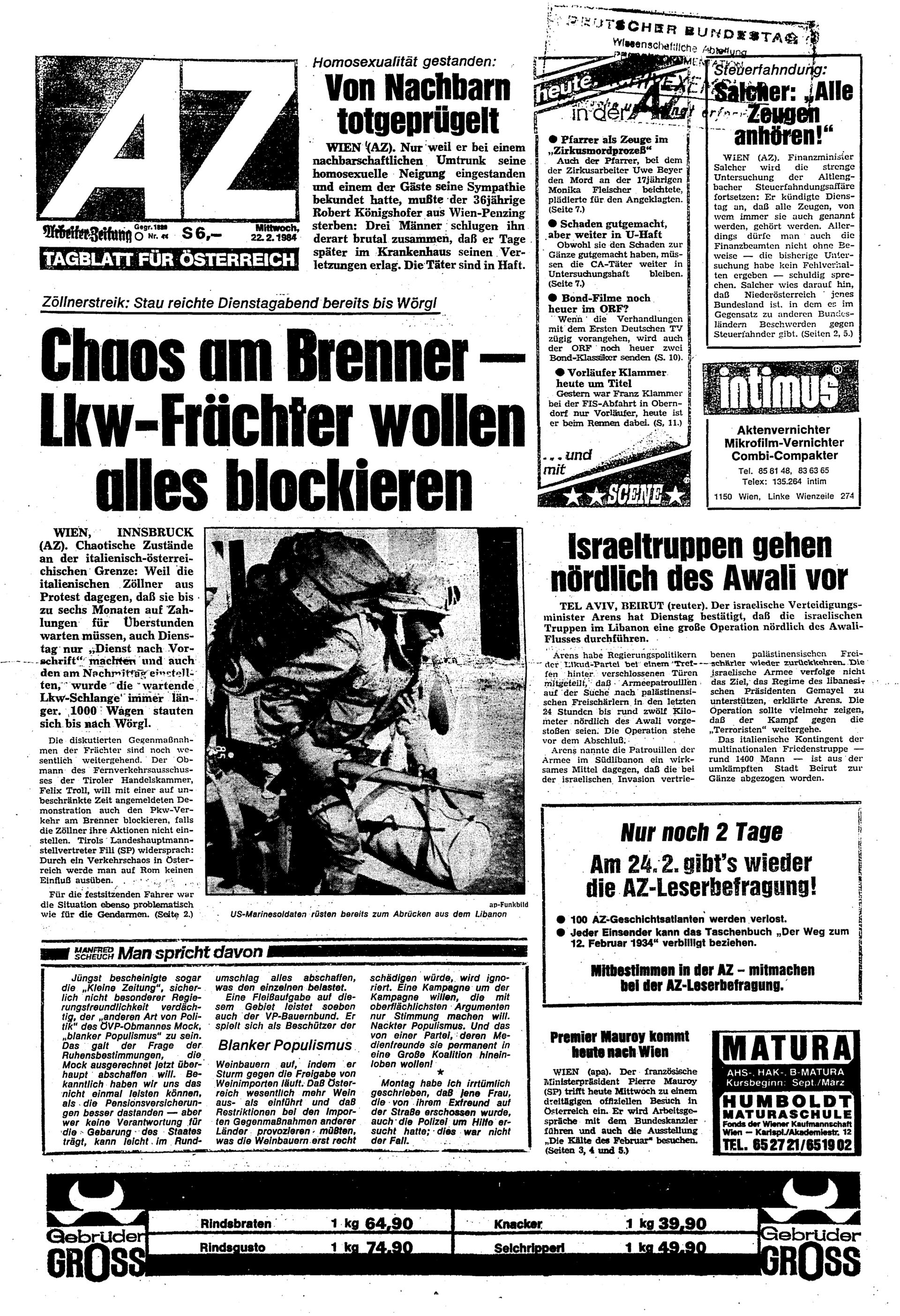 Ausgabe Mi. 22.02.1984, Seite 1