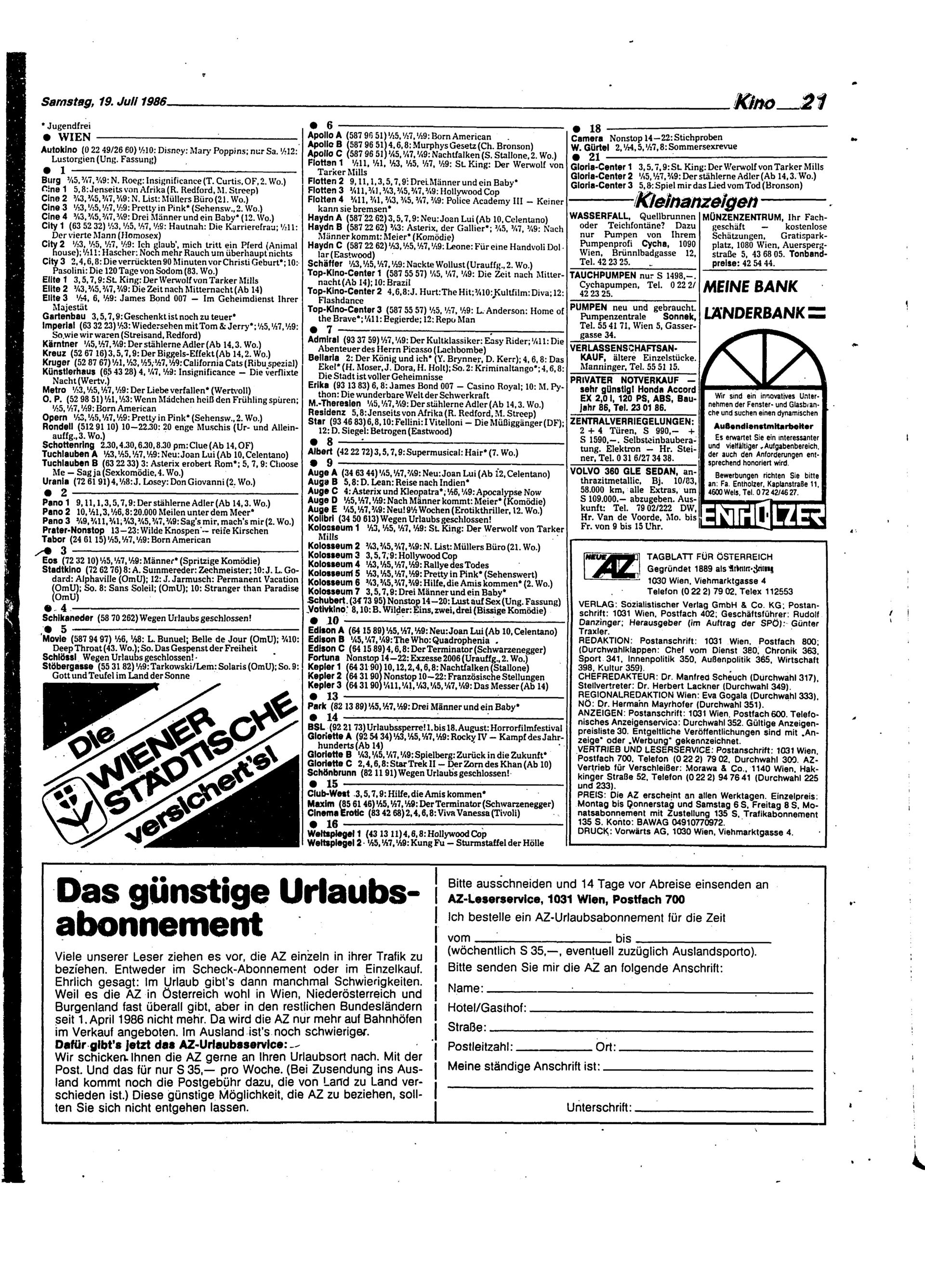 Ausgabe Sa. 19.07.1986, Seite 21
